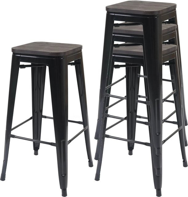 PROREGAL 4er-Set Barhocker im Industrial-Design mit Ulmenholz-Sitzfläche und Metallgestell, Schwarz-Braun, Sitzhöhe: 76 cm, stapelbar - Bild 1