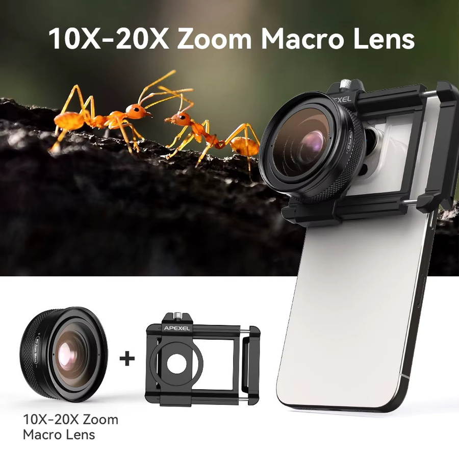 Apexel Makro-Objektiv mit 10-20X Zoom HD-Mikrolinse für Augen-Makrofotografie, kompatibel mit iPhone, Samsung und allen Smartphones, Schwarz - Bild 3
