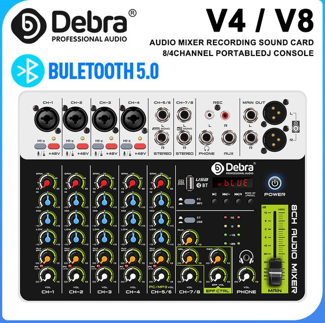 Debra V8 Audio-Mischpult in Weiß mit Bluetooth 5.0 und Phantomspeisung für PC-Aufnahmen und Bühneneinsatz - Bild 1