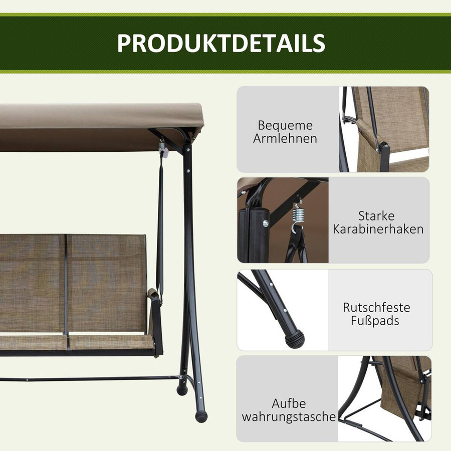 Outsunny Hollywoodschaukel 3-Sitzer mit Sonnendach und Seitentaschen in Braun, B/T/H: 196 x 128 x 172 cm - Bild 4