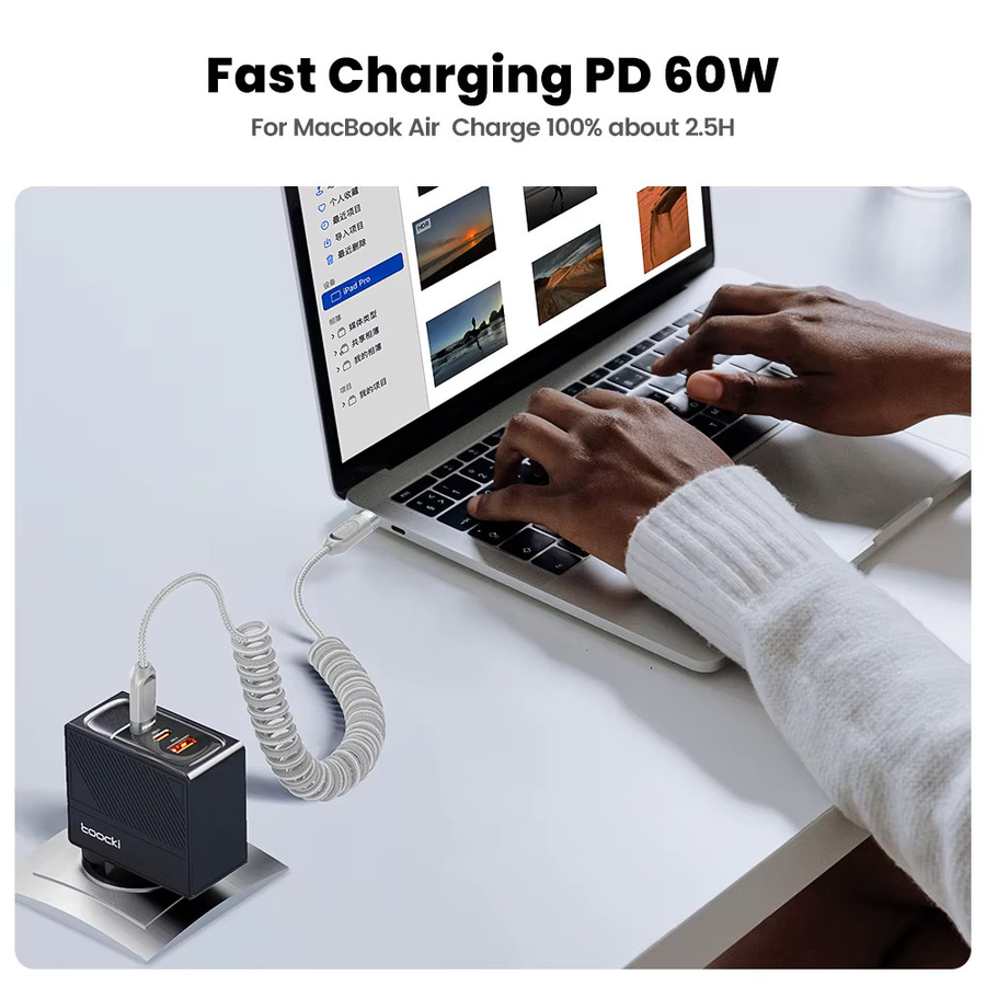 Toocki USB-C-Kabel mit 60 W PD Schnellladung, Dual-C-Federkabel aus geflochtenem Draht und Aluminiumlegierung, Farbe: Grau, Länge: 1,5 m - Bild 3