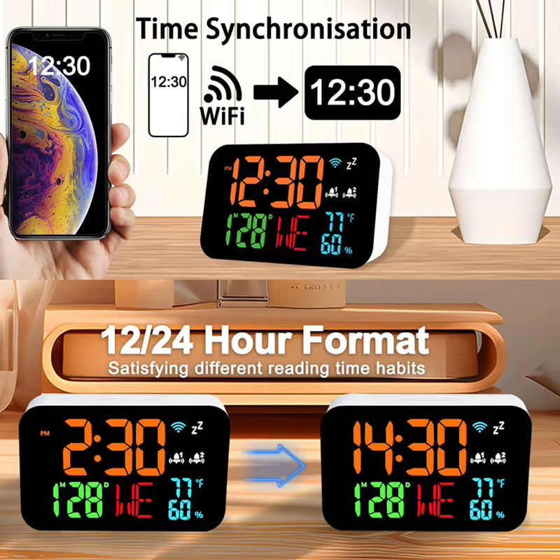 Tuya Smart Desktop Uhr mit Kalender, digitalem LED-Display, Thermometer und Hygrometer, WiFi-Unterstützung mit Auto-Kalibrierung, Weiß - Bild 5