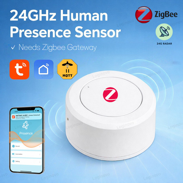 Loginovo ZigBee 24G MmWave Radar-Bewegungssensor für menschliche Anwesenheit, Mini-PIR-Detektor für Tuya Smart Life Z2M Hausautomation, Weiß - Bild 1