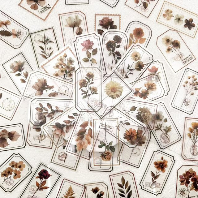 50 Stück Vintage Blumen Aufkleber aus transparentem PET für Laptop, Notebook und DIY-Projekte, Mehrfarbig - Bild 1