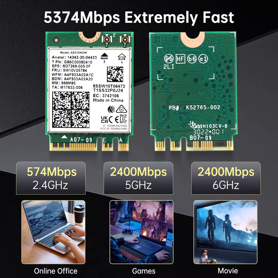 FENVI AX210 WiFi 6E M.2 Netzwerkkarte mit Bluetooth 5.3, Tri-Band 5GHz/6GHz/2,4GHz, 5374Mbps, 802.11AX Wireless NGFF für Laptop und PC, Win10/11 - Bild 2