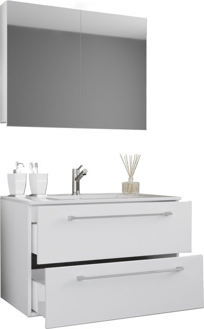 VCM Badmöbel Set Badinos 3-tlg. hängendes Waschplatz Set in Weiß mit Keramikwaschbecken, Unterschrank und Spiegelschrank, B/H/T: 80 x 50 x 46 cm - Bild 1