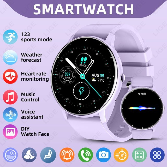 LIGE Smartwatch mit Bluetooth-Anruffunktion und IP68 Wasserdichtigkeit, Sport-Fitness-Tracker in Lila - Bild 1