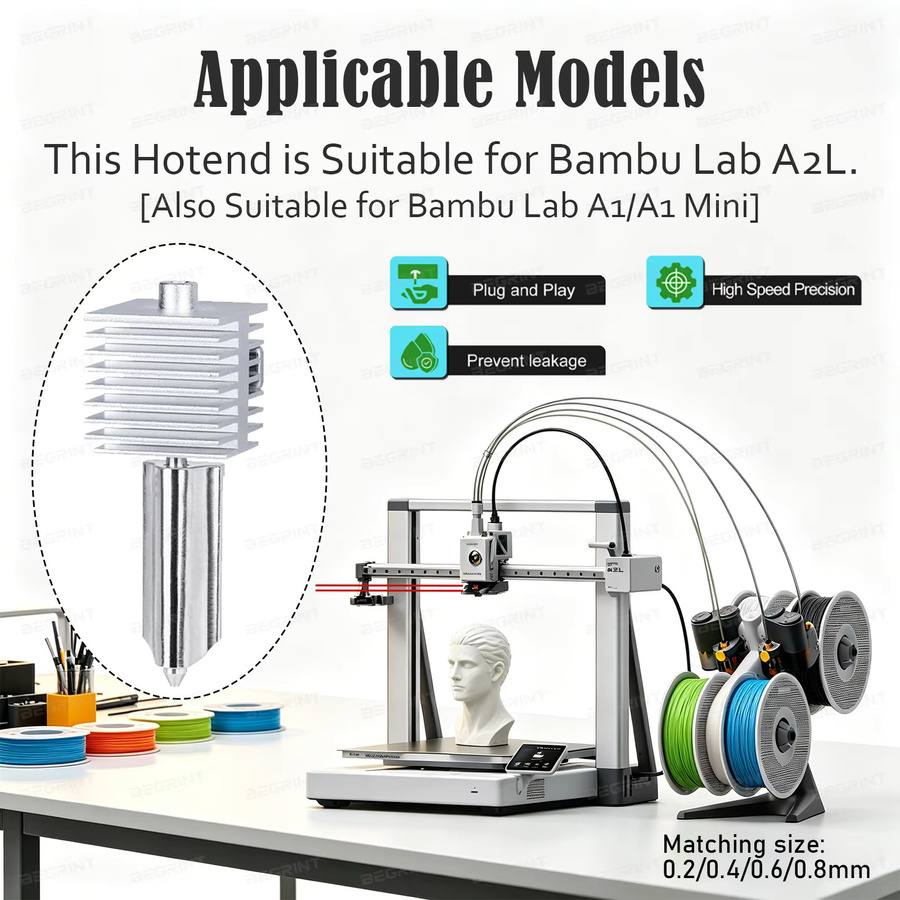 Bambu Lab Hotend-Kit für A2L 3D-Drucker mit einteiliger Düse aus gehärtetem Stahl in Silber, erhältlich in 0,2 mm, 0,4 mm, 0,6 mm und 0,8 mm - Bild 2