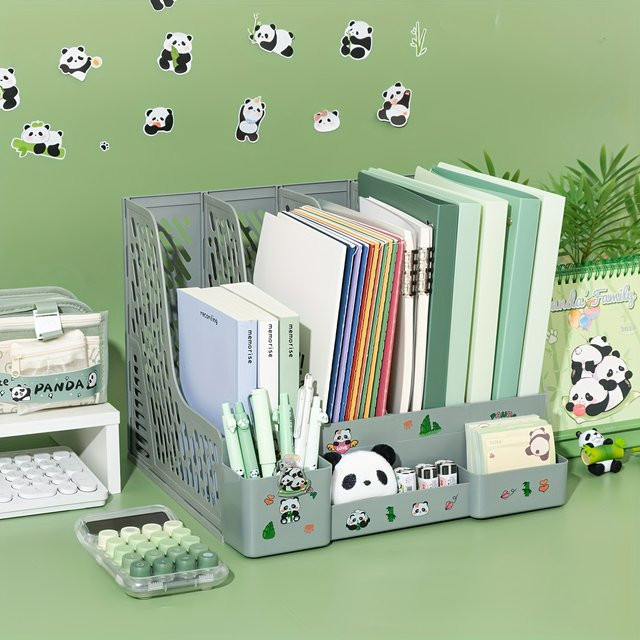 Desktop-Aktenorganisator mit 4 Fächern und abnehmbarem Panda-Motiv in Lila, Dokumentenhalter im A4-Format aus Kunststoff - Bild 1
