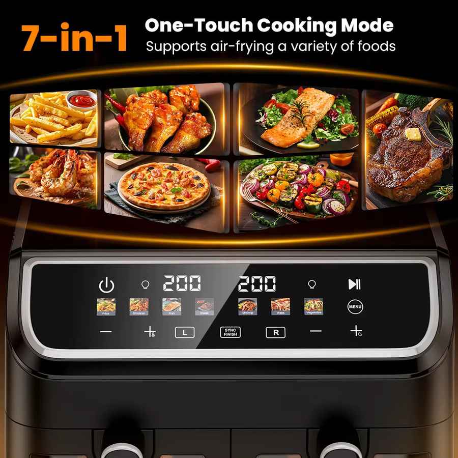Patbrela Dual Air Fryer XXL Heißluftfritteuse mit 9L Kapazität, 2000W Doppelkorb-Fritteuse mit digitalem Touchscreen, Schwarz - Bild 2