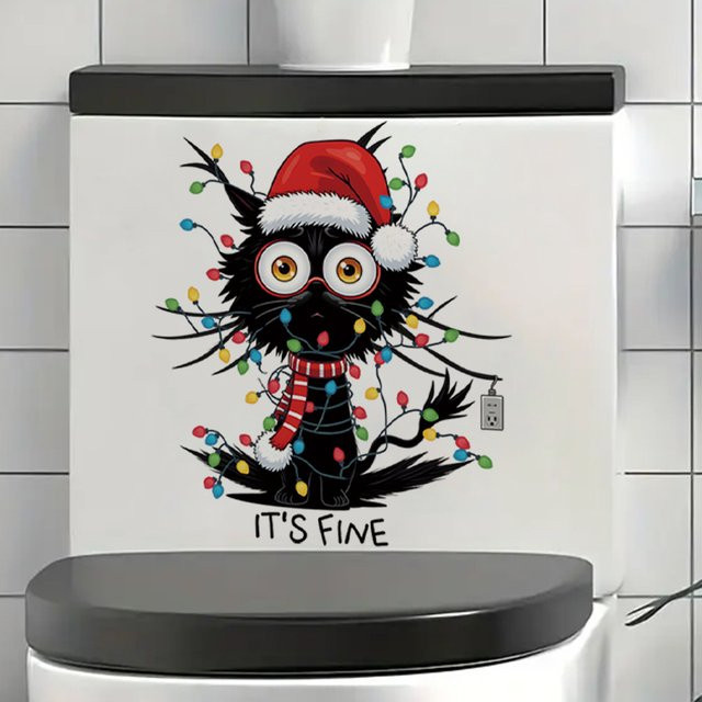 BRUP Weihnachtlicher Toilettenaufkleber mit lustiger Katze und Lichtern, abnehmbarer PVC-Dekor für Badezimmer und Wohnung, Mehrfarbig - Bild 1