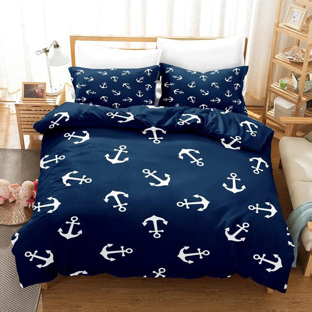 Nautisches Bettwäsche-Set mit Anker- und Segelschiff-Print von Your Warm Home in Blau, 3-teilig, B/H: 140 x 200 cm - Bild 1