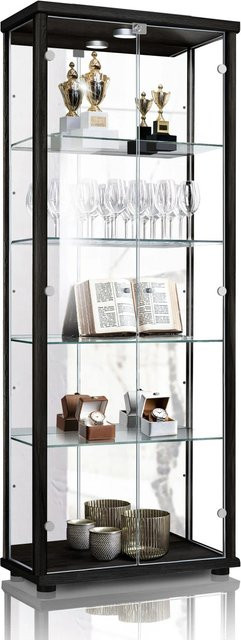 K-Möbel Glas Vitrinenschrank 2-Türig in Schwarz mit LED-Beleuchtung, Spiegel und Schloss, H: 176 cm, B: 67 cm, T: 33 cm - Bild 1