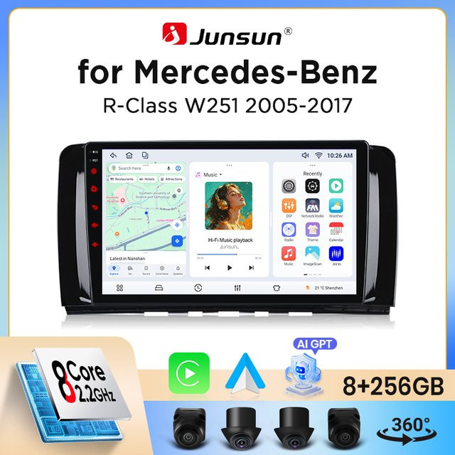 Junsun Wireless CarPlay Android Auto Autoradio für Mercedes-Benz R-Klasse W251 V251 2005-2013 mit GPS, WiFi, Bluetooth und integriertem Lüfter in Schwarz - Bild 1