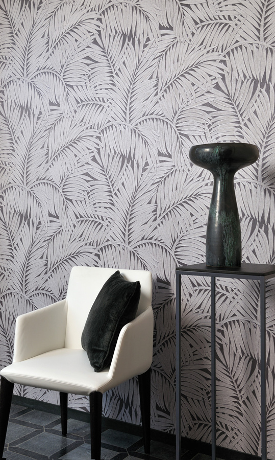Arte International Tapete Sabal in Grau und Weiß mit floralem Botanik-Design aus Vinyl - Bild 1