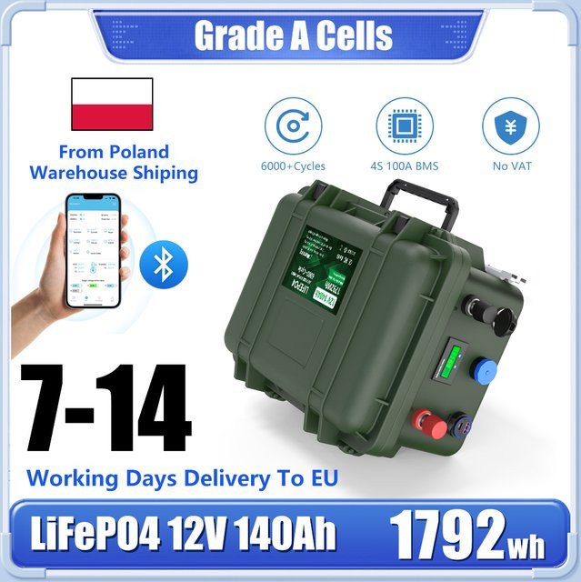 KEZIMO LiFePO4 12V Batterie 140Ah mit Bluetooth BMS und USB PD QC, 1792Wh, Grün - Bild 1
