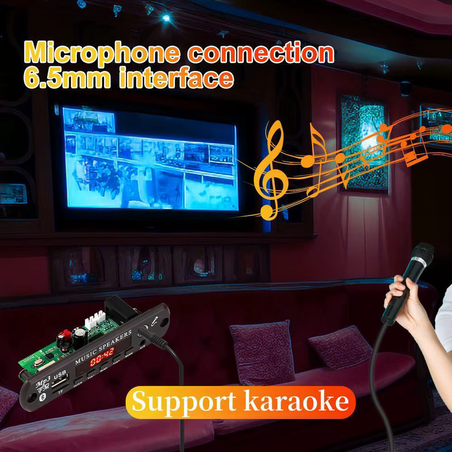 Kebidu Bluetooth 5.3 MP3 Decoder Board mit 60W Verstärker für 12V Auto Audio DIY, Stereo MP3 Player mit FM Radio, USB, TF und 6,5mm Mikrofonanschluss, Schwarz - Bild 2