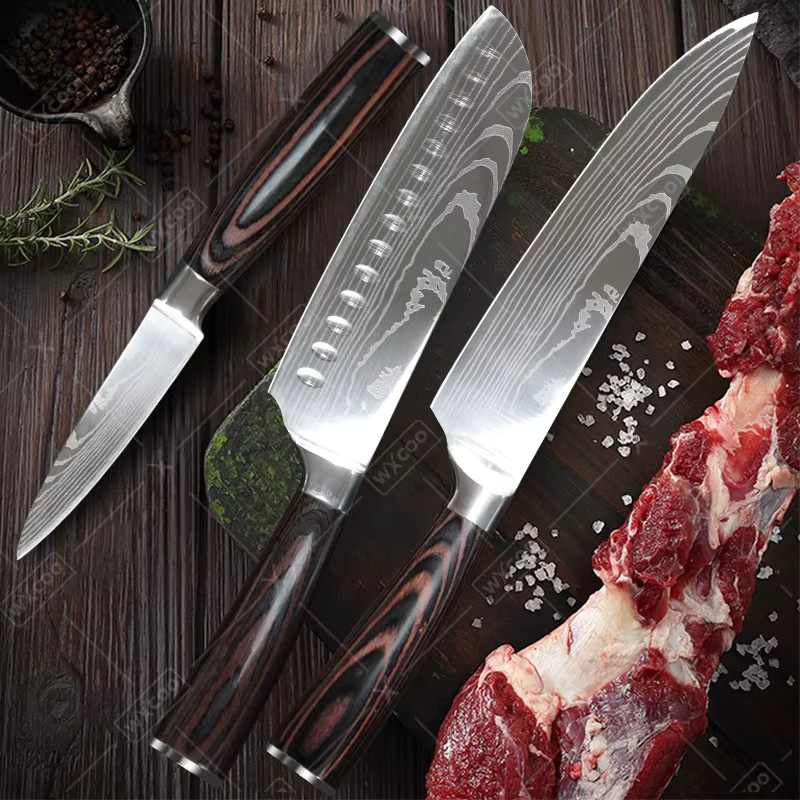 WXCOO Japanisches Kochmesser-Set aus Edelstahl mit Damast-Muster in Silber, bestehend aus Fleischbeil und Slicer-Messer - Bild 3