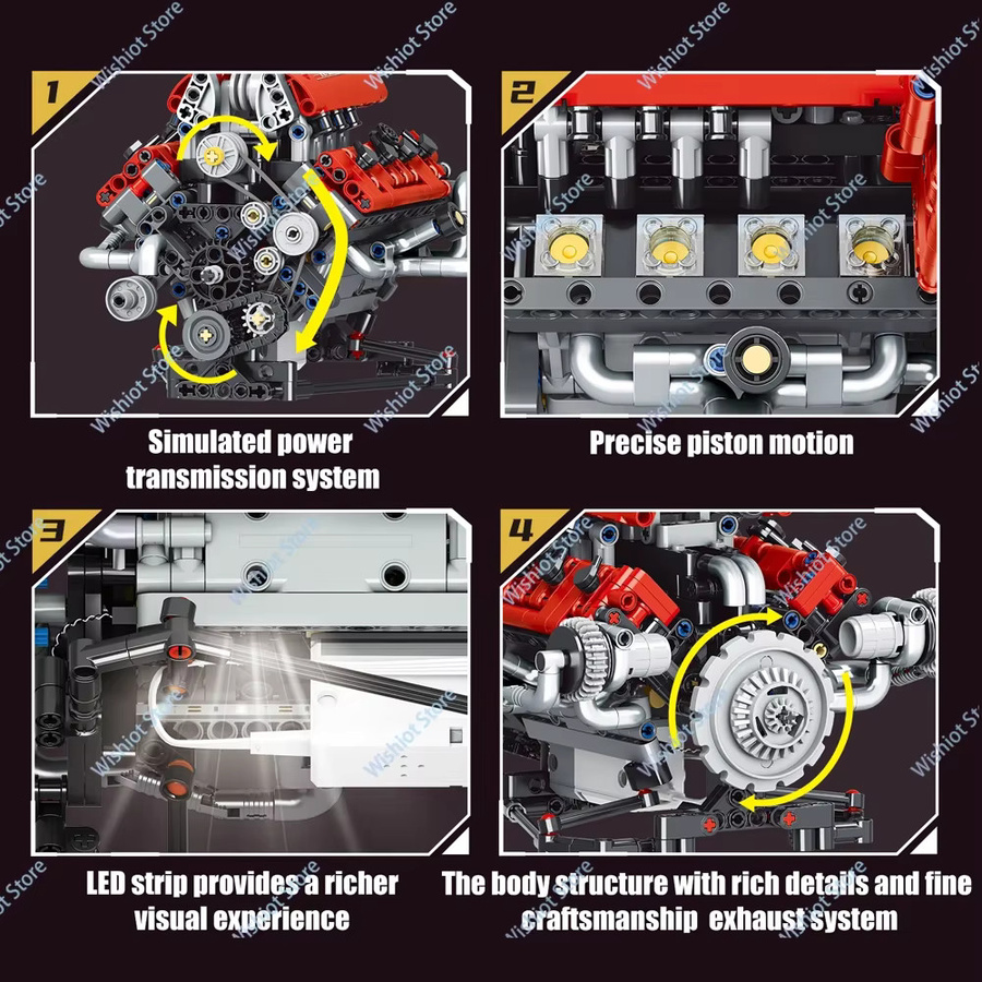 wishiot V8 Motor Modell Set, Baustein, mit LED Licht, 660 Teile - Bild 2
