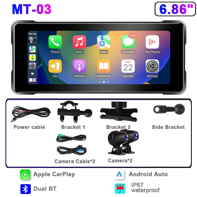 Jansite Tragbarer Motorrad-DVR mit 6,86 Zoll Display, Kabelloses CarPlay, Android Auto Mirror Link, IP67 Wasserdicht, Bluetooth 5.0 und GPS-Navigation, Schwarz - Bild 5