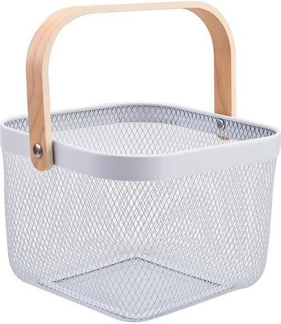 Aufbewahrungskorb aus Eisen mit Netzgewebe und Holzgriff von Chic Interiors, Farbe Weiß, B/T/H: 24 x 24 x 18 cm - Bild 1