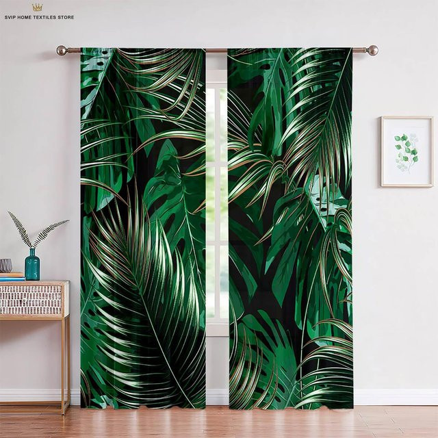 Yiran Furniture Dekorative Vorhänge Tropische Vegetation in Grün, 2er-Set mit Rod Pocket, B: 50 cm, H: 130 cm - Bild 1