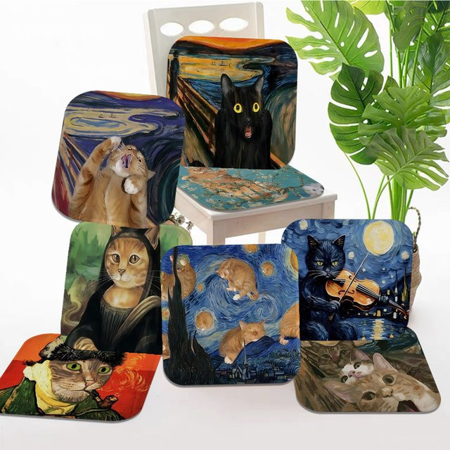 Rutschfestes Sitzkissen im modernen minimalistischen Stil mit Claude Monet und Van Gogh Katzen-Kunst, quadratisches Schaumstoff-Polster für Sofa, Hocker oder Stuhl, Mehrfarbig - Bild 1