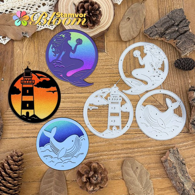 Metall Stanzformen für Scrapbooking mit Ozean Landschaften, Meerjungfrau, Leuchtturm und Wal in Silber - Bild 1