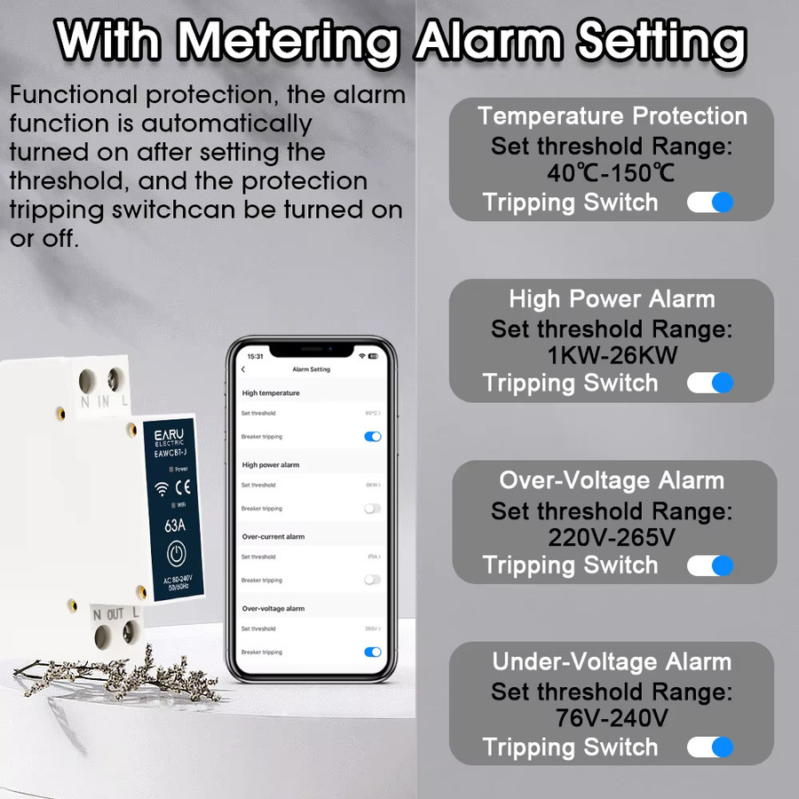 EARU Tuya MCB WiFi Intelligenter Schutzschalter mit Energie-KWh-Spannungs-Strommessgerät und Zeitrelais in Weiß - Bild 4