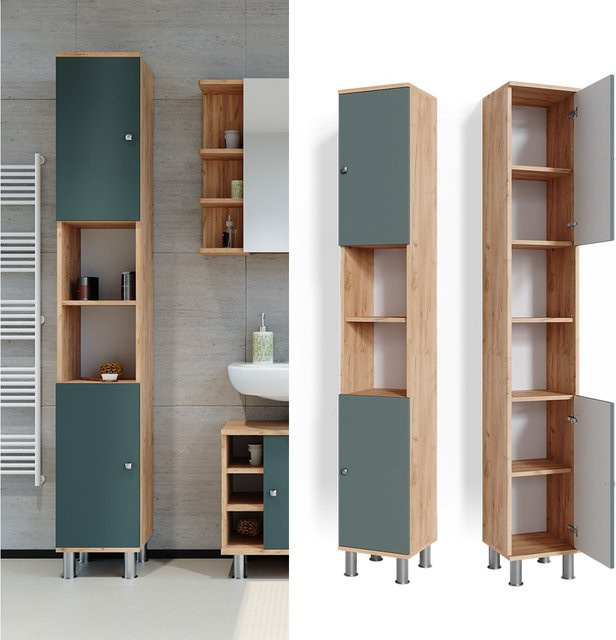 Vicco Badschrank Fynn Hochschrank Badezimmerschrank Eiche Grün H: 190 cm, B: 30 cm, T: 30 cm - Bild 1