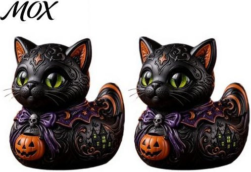 Fulv Halloween Mitternachtswitches Dekofiguren Set aus Katze und Ente in Schwarz, Orange und Lila mit Kürbis Laterne als gruselige Tischdeko - Bild 1