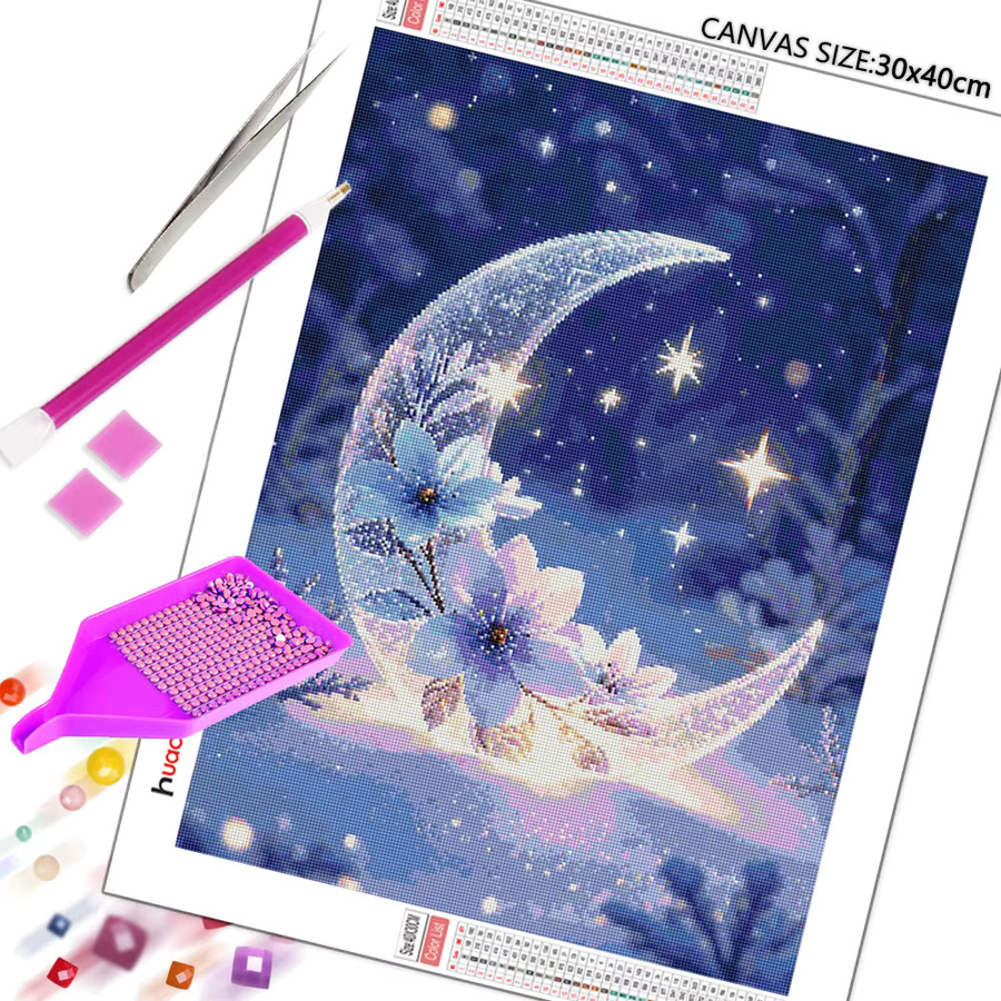 Huacan Diamantgemälde Bastelset mit Blumen und Mond im Winter-Design, B/H: 30 x 20 cm - Bild 2
