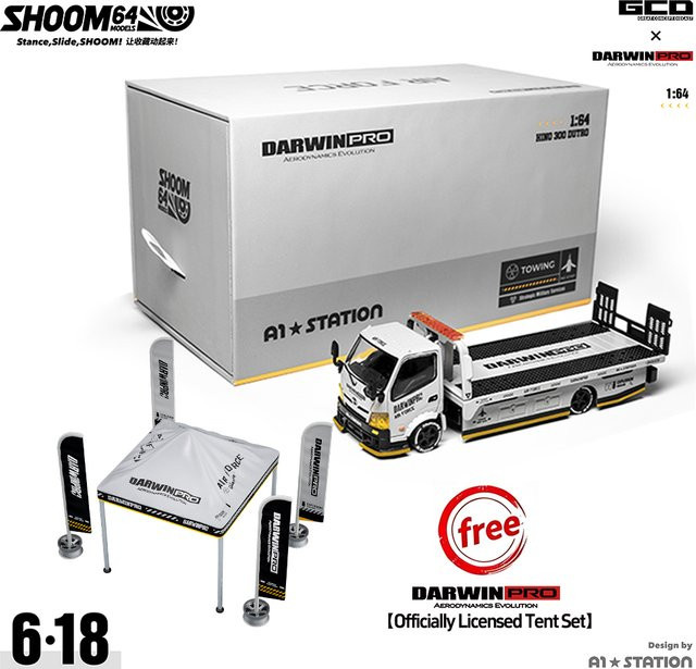 GCD Darwin PRO HINO 300 Flachbett + Zelt, Legierungsmodell Auto, 1:64, Grau - Bild 1