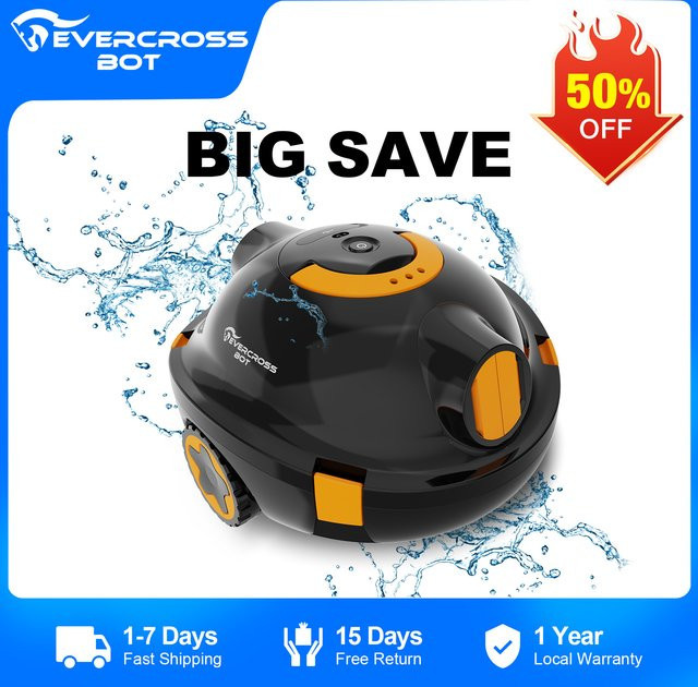 EVERCROSS BOT Y10 Poolroboter in Schwarz mit Akku, 100 Min. Akkulaufzeit und 180 μm Filter für bis zu 120 m² - Bild 1