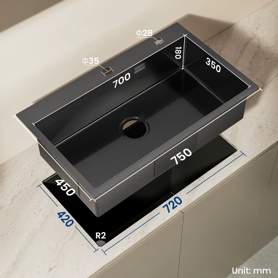 CECIPA max Einbauspüle aus Edelstahl in Schwarz mit Nano Beschichtung, inklusive Rollmatte, Spülkorb und Siphon Set, B/T: 75 x 45 cm - Bild 3