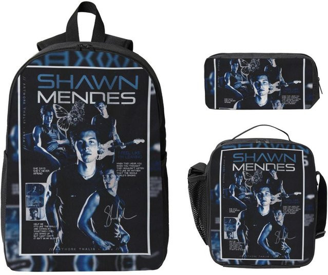 3-teiliges Shawn Mendes Schultaschen-Set von Fancy Style Studio mit Rucksack, Federmäppchen und Brotdose in Grau/Schwarz - Bild 1