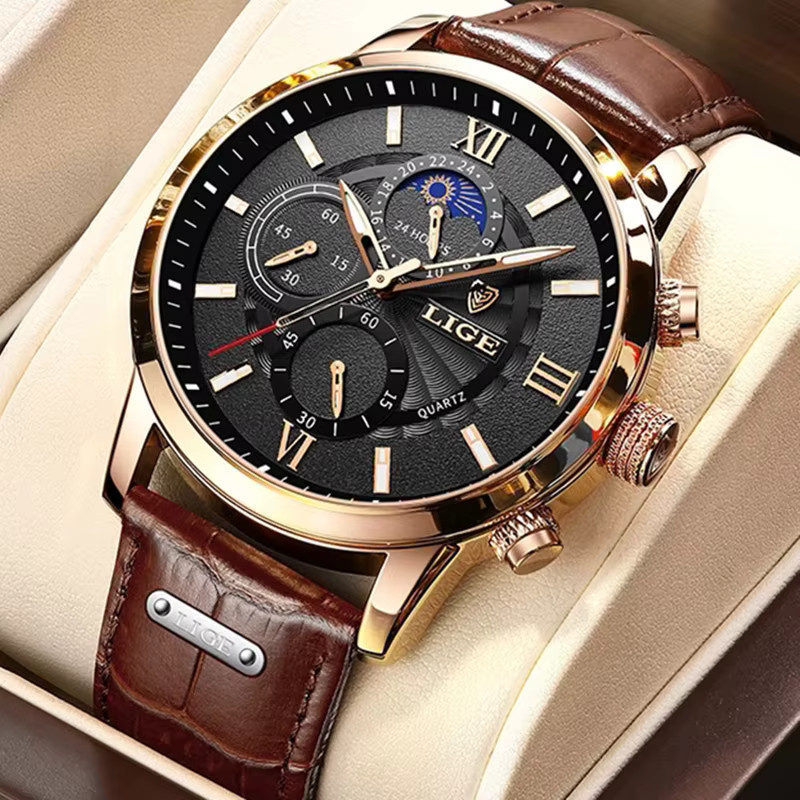 LIGE Armbanduhr Quarz, Leder, Schwarz, Herren - Bild 6