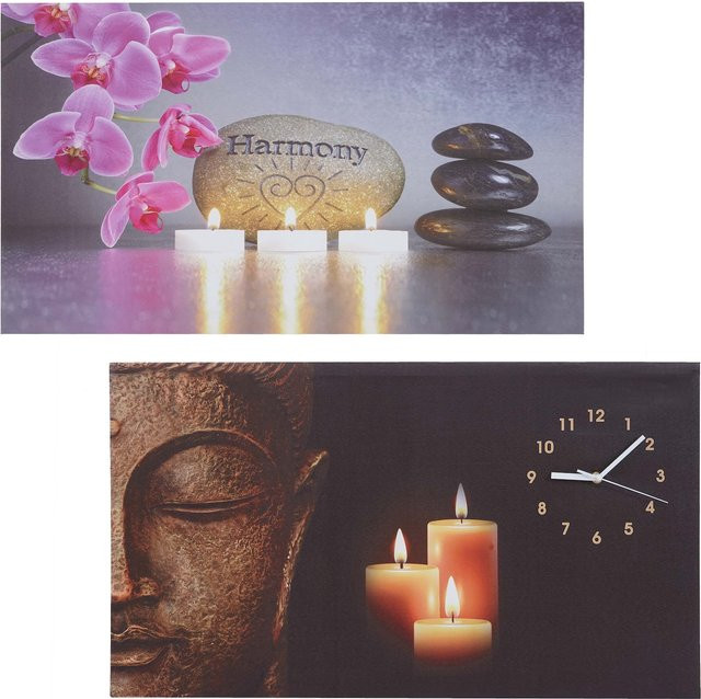 MCW 2er-Set LED-Leuchtbilder als Leinwand Wandbilder mit Buddha/Harmony Wanduhr und Timer, B/H: 70 x 40 cm, Multicolour - Bild 1
