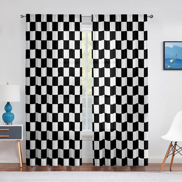 Yiran Furniture Halbverdunkelungsgardine Rennwagenflagge Kariert in Schwarz-Weiß, 2 Stück, B: 140 cm, H: 160 cm - Bild 1