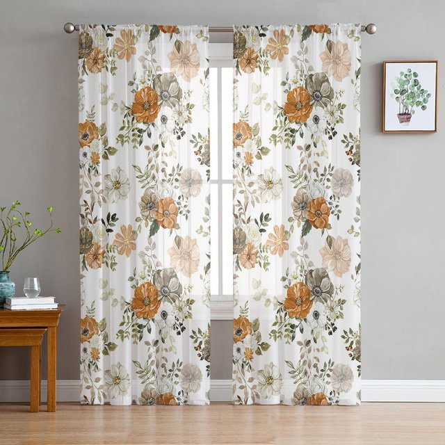 Transparente Voile-Fenstervorhänge mit Herbstblumen, Eukalyptus und weißem Kürbis von Super Six, Farbe Weiß, B/H: 135 x 114 cm - Bild 1
