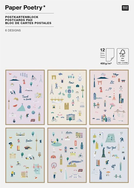 Rico Design Paper Poetry Postkartenblock Travel the World, 12 Stück, multicolour - Bild 1