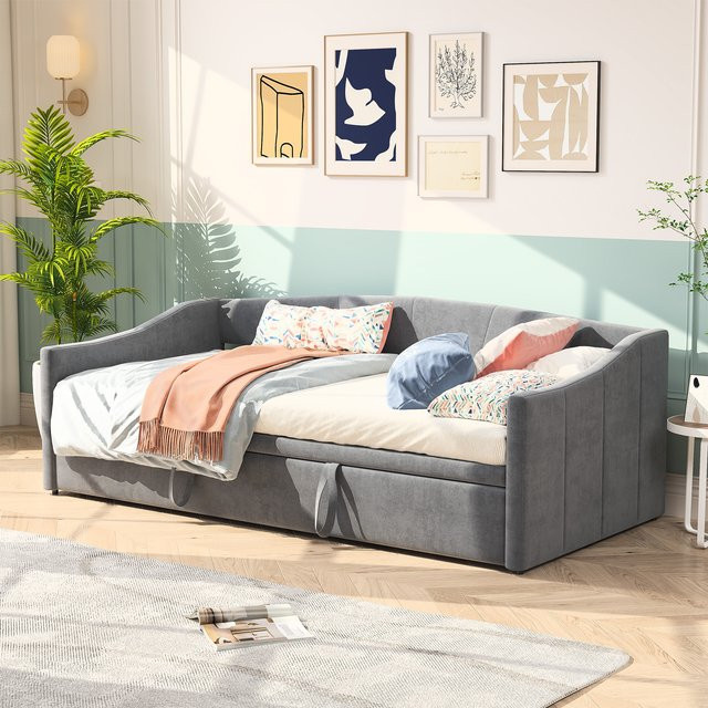 Modernes 2-Sitzer Doppel-Schlafsofa aus Samt in Grau, ausziehbar mit Bettfunktion, Breite: 180 cm, Tiefe: 200 cm - Bild 1