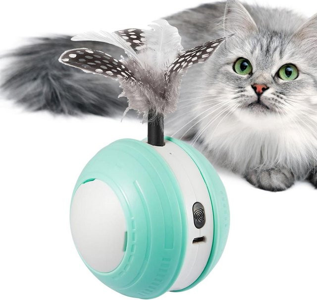 Var Vogue Automatischer Beweglicher Ball Puzzle Spielzeug Katze Teaser Ball, mit Schwanzfeder, 2 Modi, USB Wiederaufladbar, blau - Bild 1