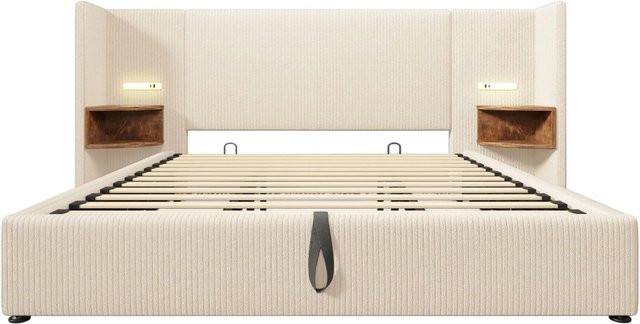okwish Polsterbett mit Nachttisch und Leselampe in Cord, B/T: 180 x 200 cm, mit USB Type-C Ladefunktion und integriertem Regal - Bild 1
