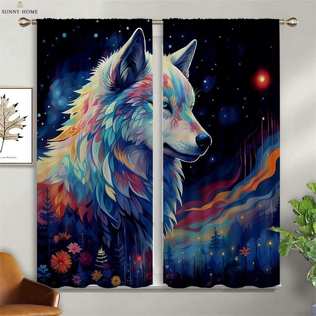 Yiran Furniture Verdunkelungsvorhänge mit Wolf-Sternenhimmel-Print, Wärmedämmvorhang für Kinderzimmer und Wohnzimmer, Breite: 100 cm, Höhe: 130 cm - Bild 1