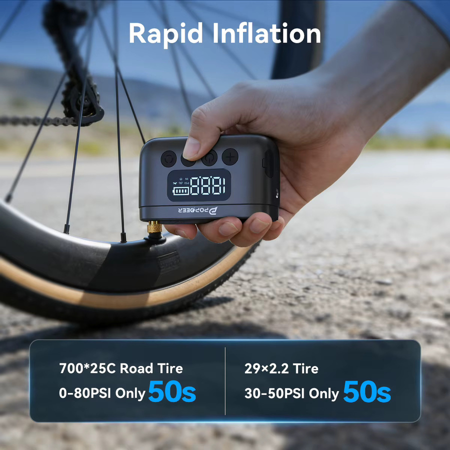 POPDEER P-T01 Mini Tragbare Elektrische Pumpe für Fahrrad und Motorrad, 150PSI, Schwarz, mit Presta- und Schrader-Ventil, 1000mAh Akku, Licht & LCD-Display - Bild 4