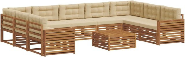 vidaXL Sofagarnitur aus Massivholz Akazie in U-Form, 10-teiliges Set in Natur und Beige mit wetterfesten Kissen - Bild 1