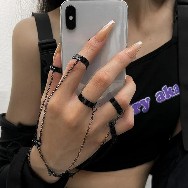 Silberring mit Kette, Edelstahl, Schwarz, Unisex - Bild 1