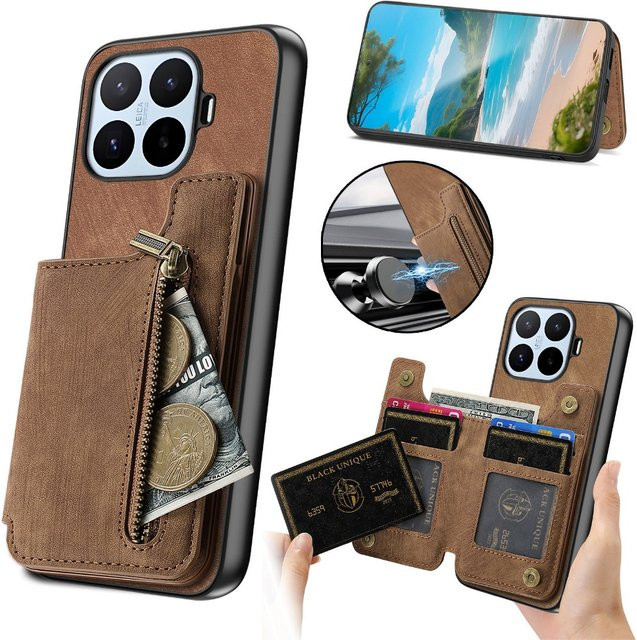 Luxus Lederhülle für Xiaomi 17T Pro 5G mit Reißverschluss-Brieftasche und Kartenhalter als magnetische Flip-Abdeckung in Grün oder Braun - Bild 1