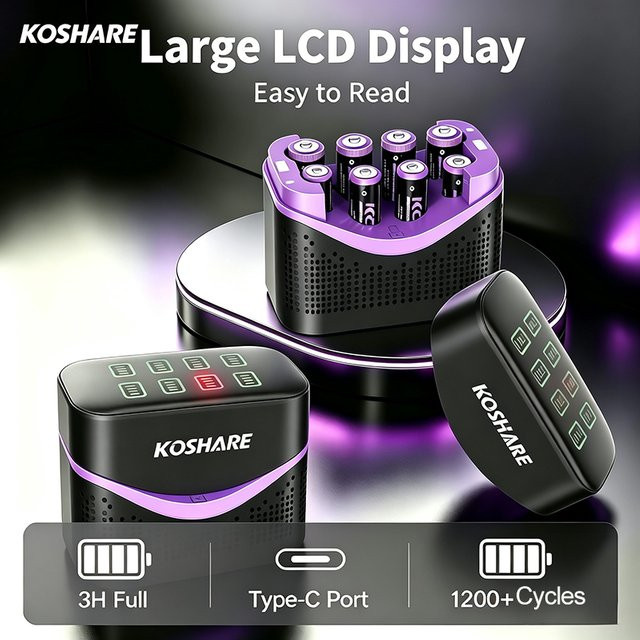 KOSHARE Smart LCD Li-Ionen-Akkuladegerät-Set mit AA und AAA Akkus in Schwarz, hohe Kapazität 4255mWh und 1100mWh - Bild 1